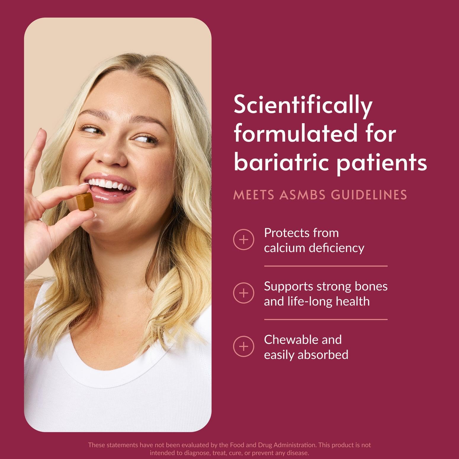 Bariatric Advantage Calcium Citrate Chewy Bites nutrition facts label highlighting 500 mg calcium and 500 IU D3