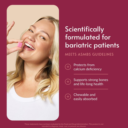 Bariatric Advantage calcium citrate chewy bites packaging highlighting sugar-free option for on-the-go