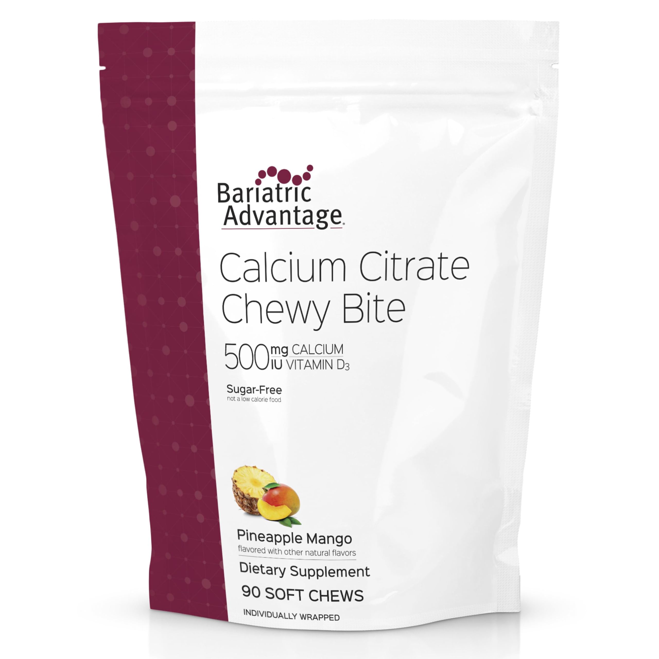 Bariatric Advantage Calcium Citrate Chewy Bites pineapple-mango bottle offering convenient, sugar-free calcium support.