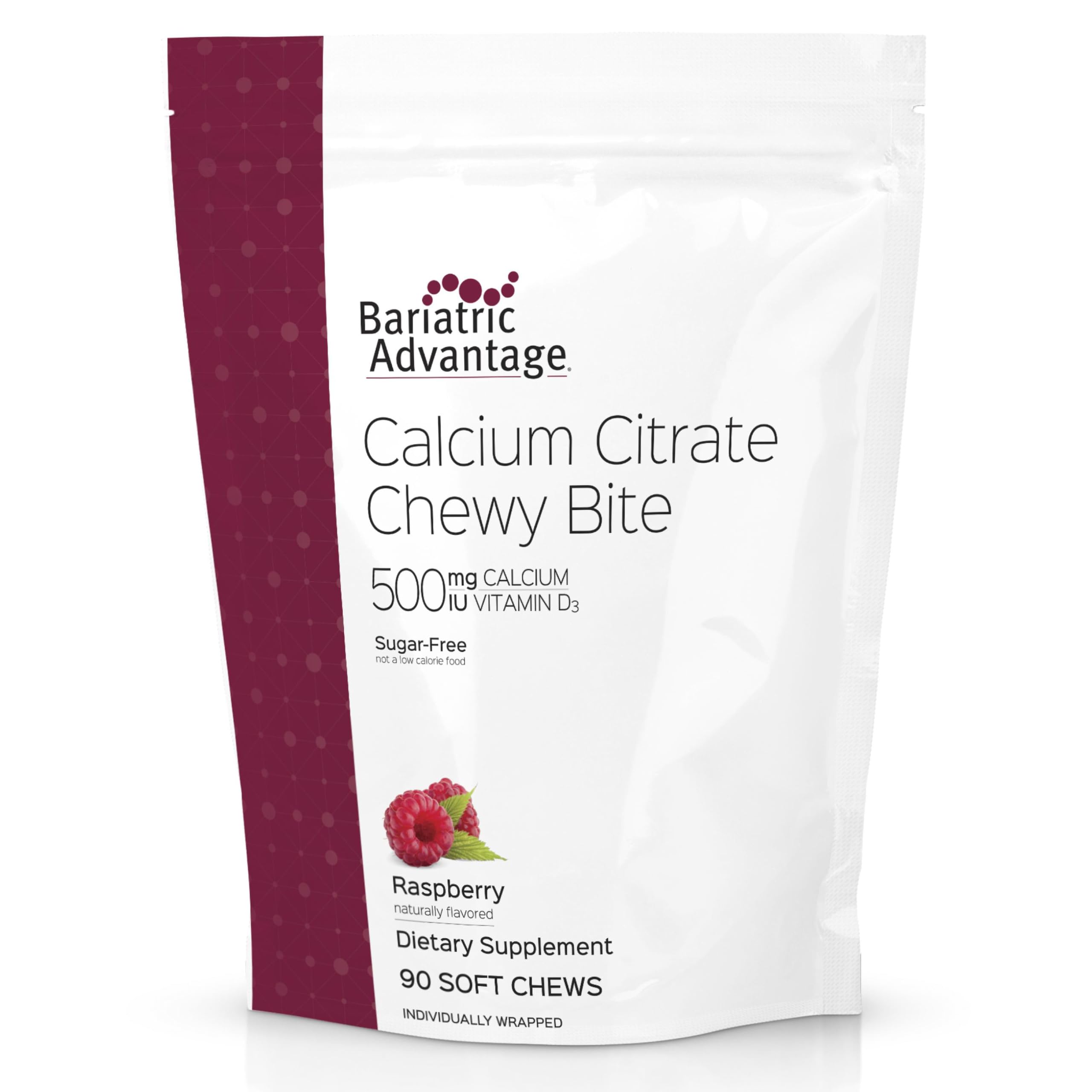 Bariatric Advantage Calcium Citrate Chewy Bites raspberry bottle front provides easy daily calcium support.