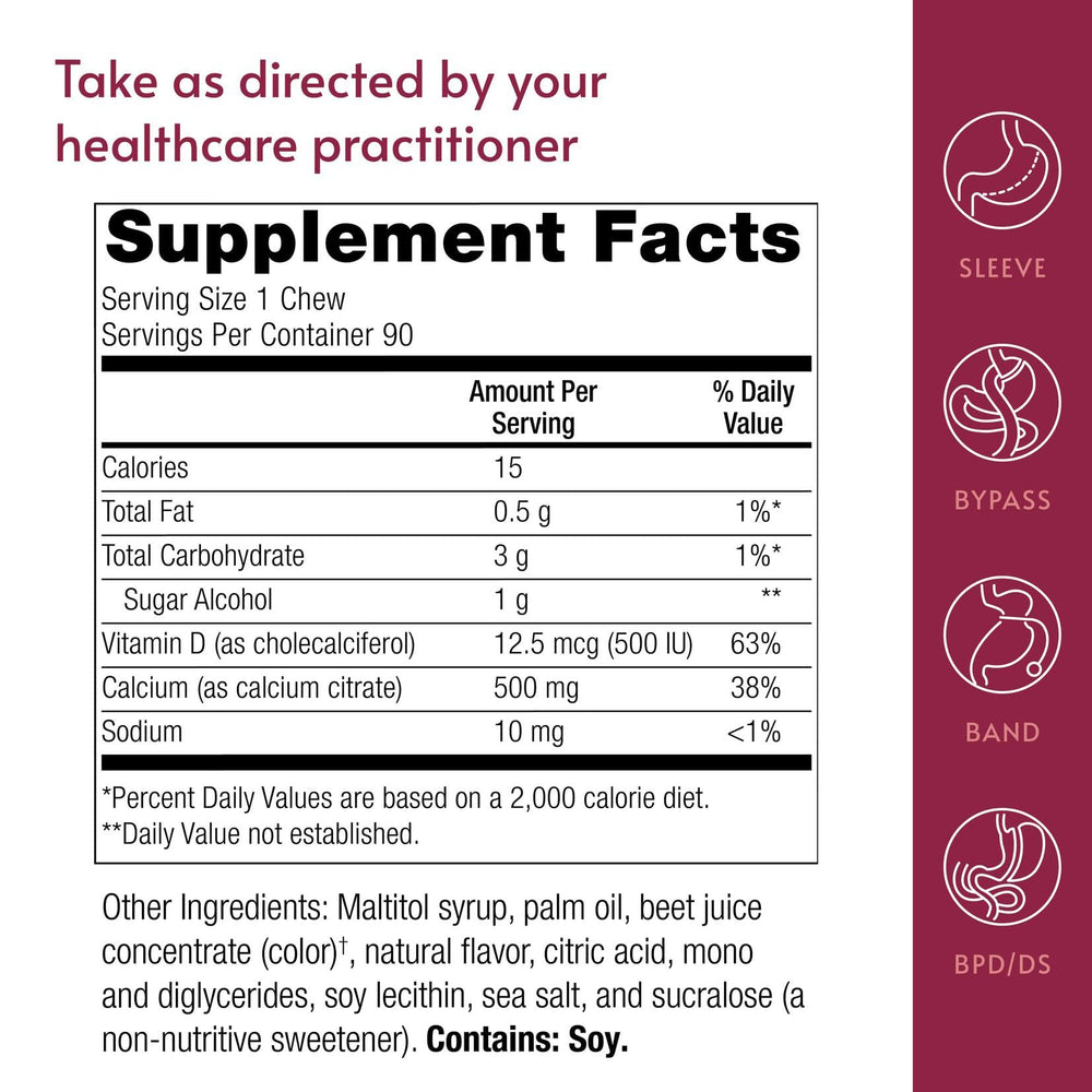 Bariatric Advantage vitamin D3 content closeup communicates absorption-supporting formulation.