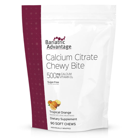 Bariatric Advantage calcium citrate chewy bites tropical orange bottle for easy post-bariatric calcium support