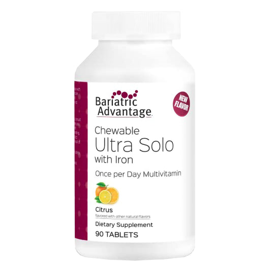 Bariatric Advantage Chewable Ultra Solo with Iron bottle shows convenient daily nutrition.