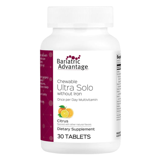 Bariatric Advantage Chewable Ultra Solo Without Iron bottle closeup shows citrus flavor and easy chew.