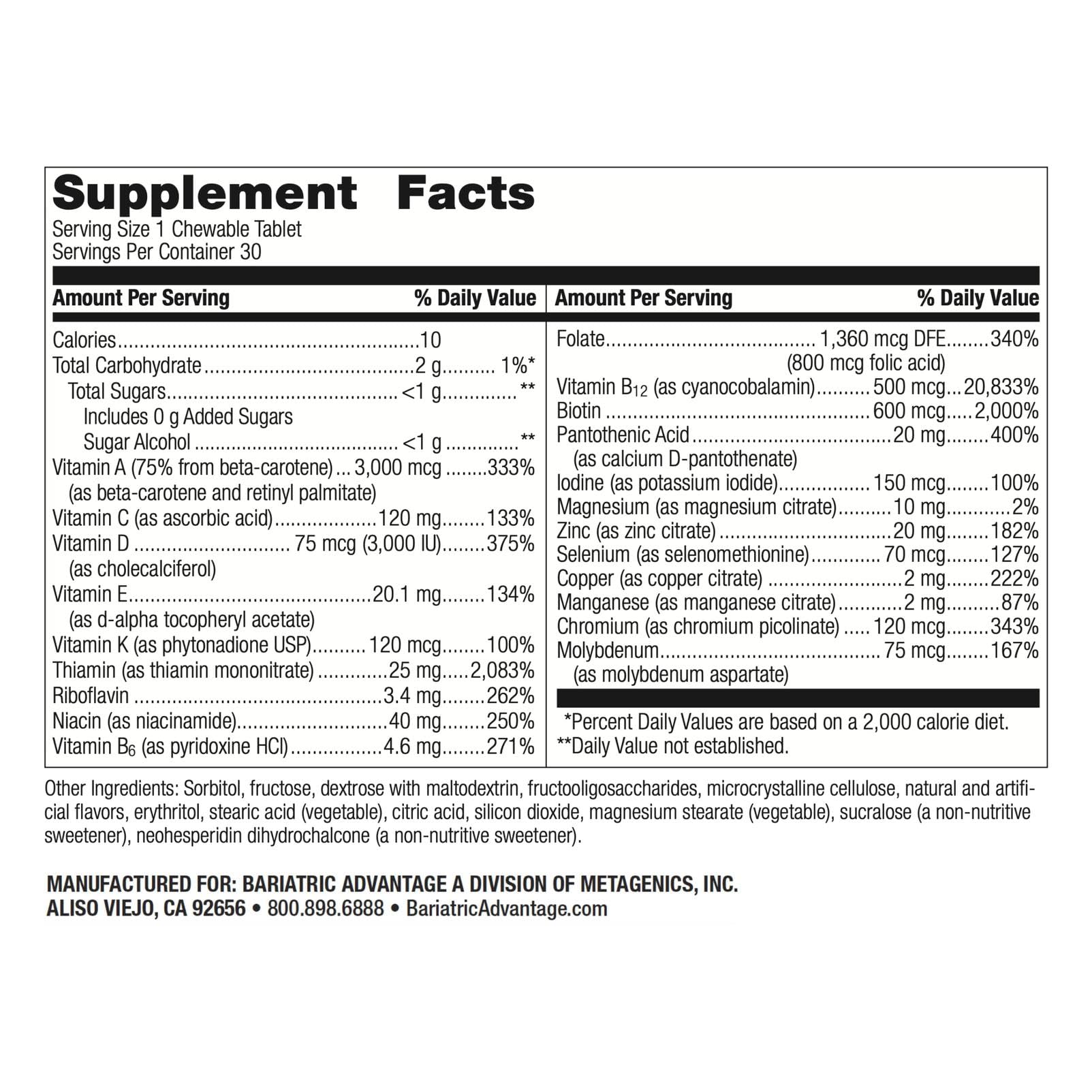 Bariatric Advantage chews line up showing label with vitamin A and thiamin for everyday wellness.