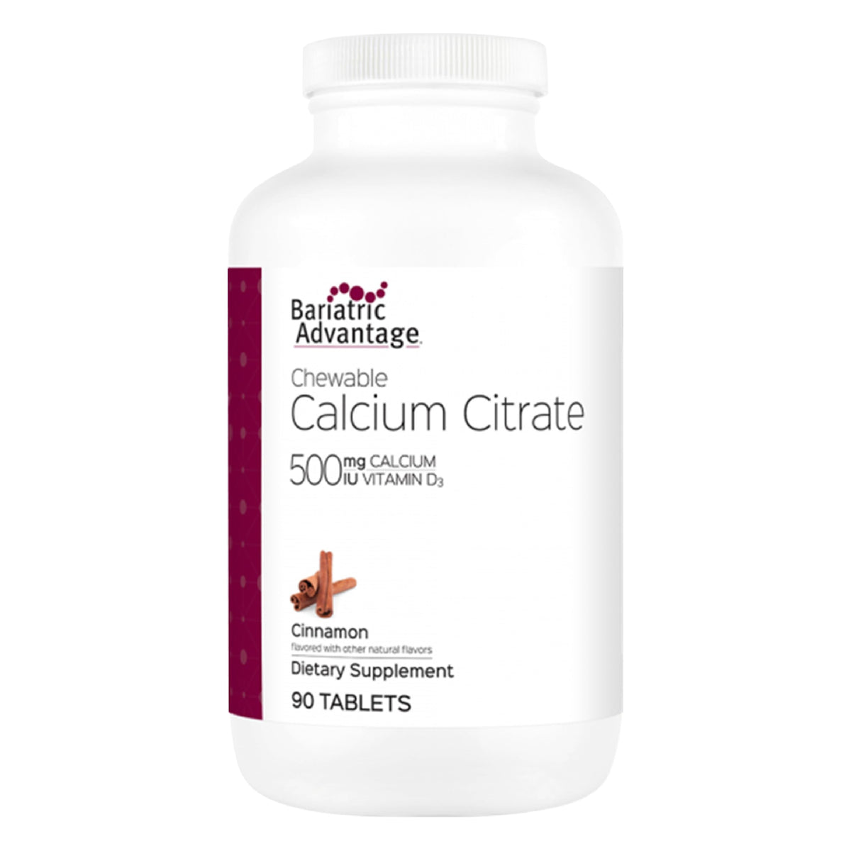 Bariatric Advantage cinnamon calcium citrate chewable bottle for easy daily calcium support.
