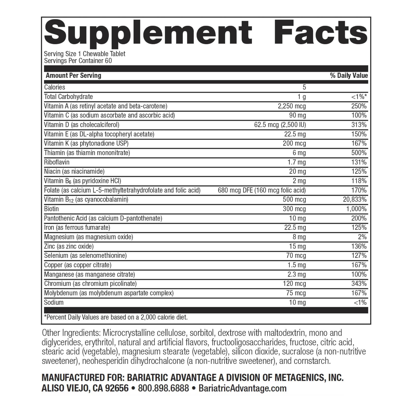 Bariatric Advantage high ADEK ingredients panel lists nutrients