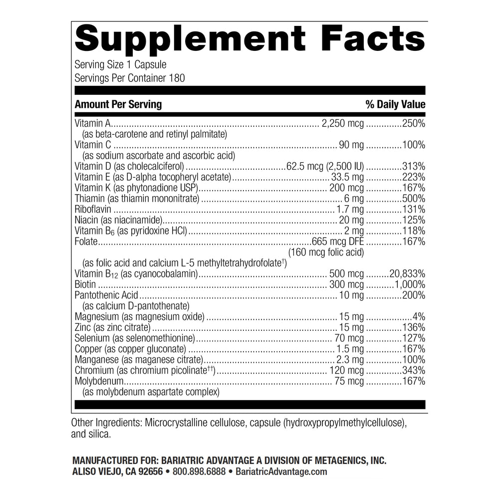 Bariatric Advantage High ADEK Multi nutrition chart illustrating essential nutrients