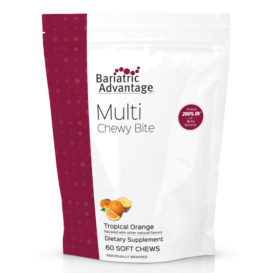 Bariatric Advantage Multi Chewy Bite bottle label highlighting tropical orange flavor and complete daily nutrients.