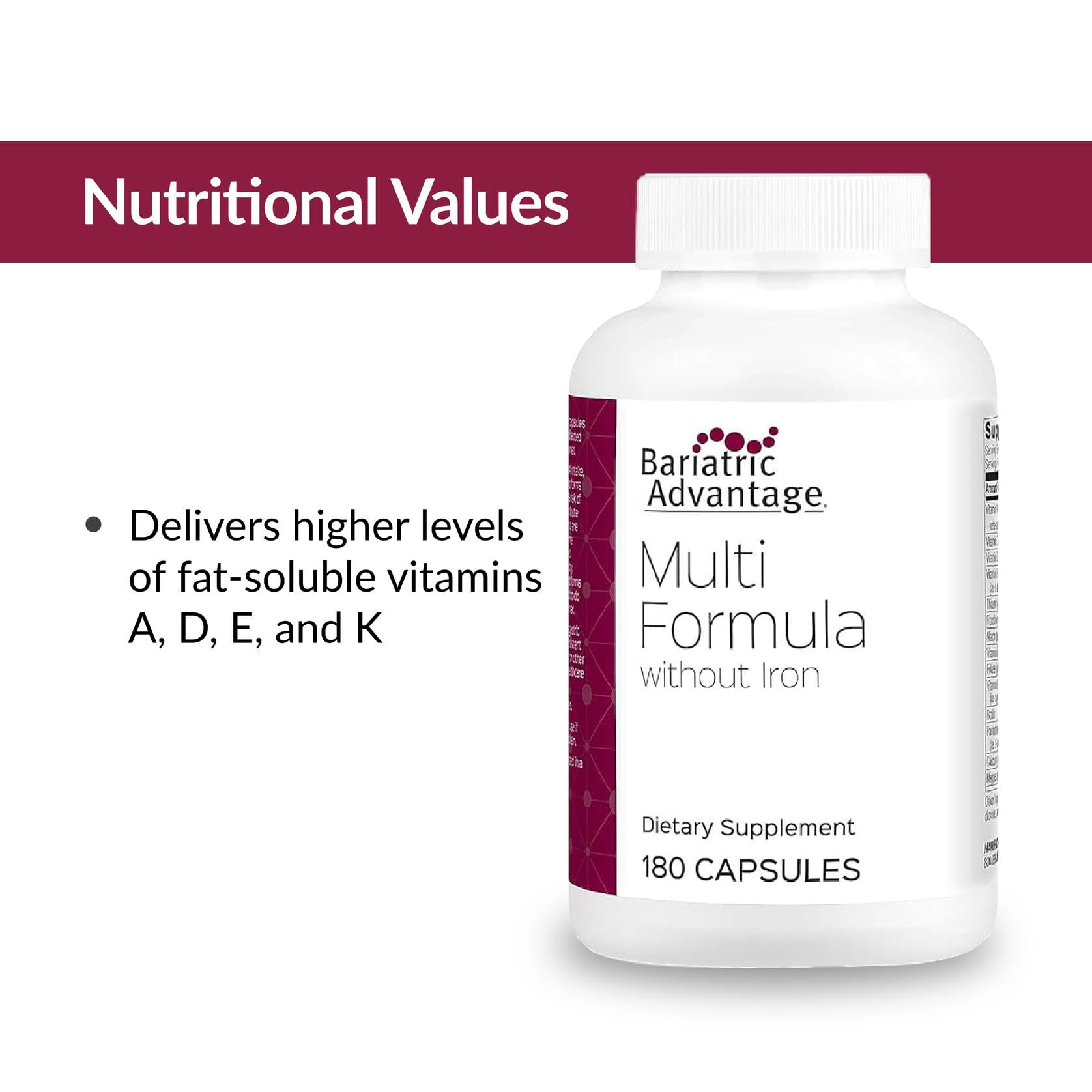 Bariatric Advantage label back lists vitamins and minerals for balanced intake.