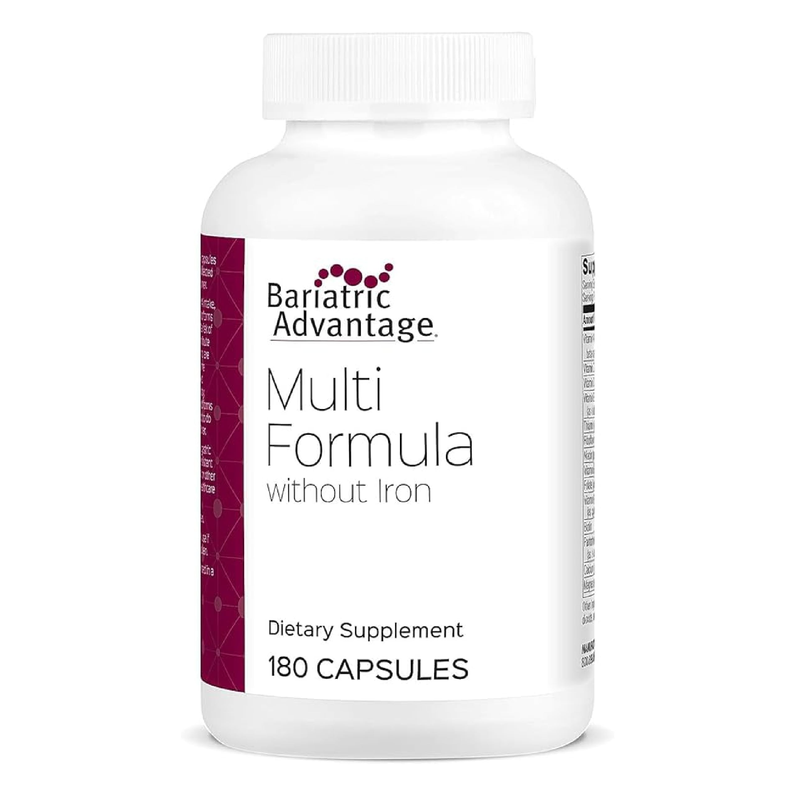 Bariatric Advantage multi formula no iron bottle close-up showing easy-to-swallow daily capsules.