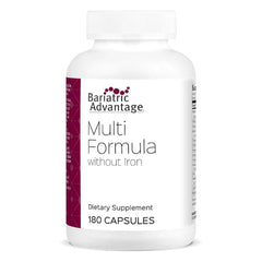 Bariatric Advantage multi formula no iron bottle close-up showing easy-to-swallow daily capsules.