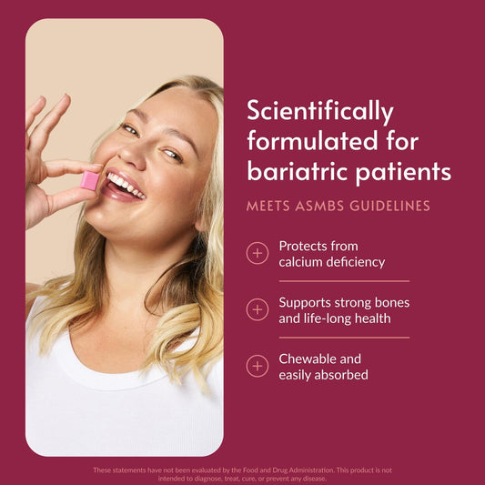 Bariatric Advantage strawberry-flavored chews closeup highlighting tasty, easily digestible calcium citrate