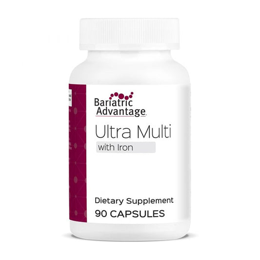 Bariatric Advantage Ultra Multi with Iron bottle pour showing easy-to-swallow capsules