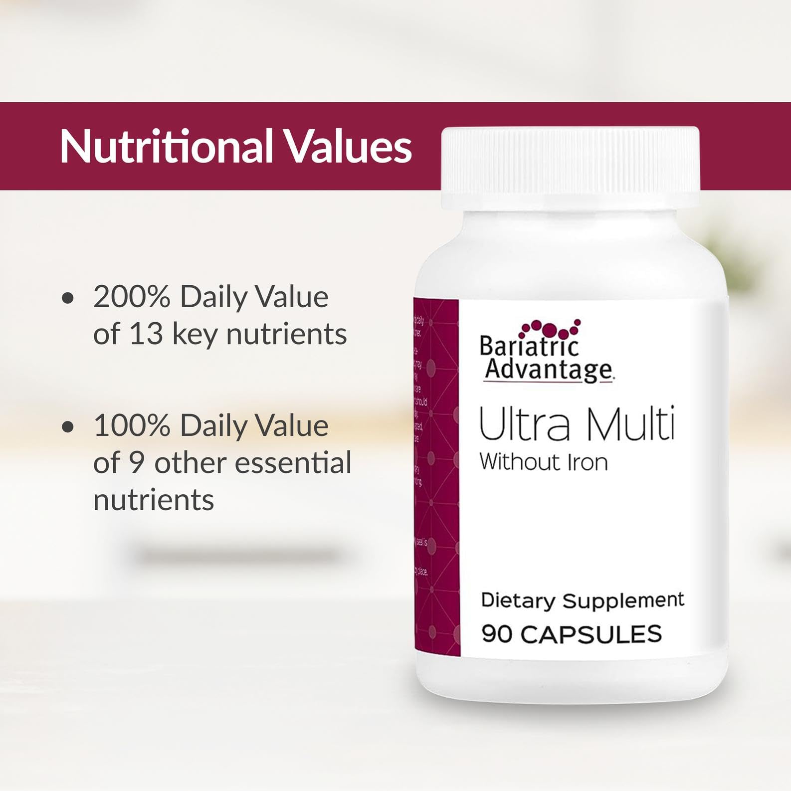Bariatric Advantage Ultra Multi Without Iron dosage shot illustrates daily serving plan