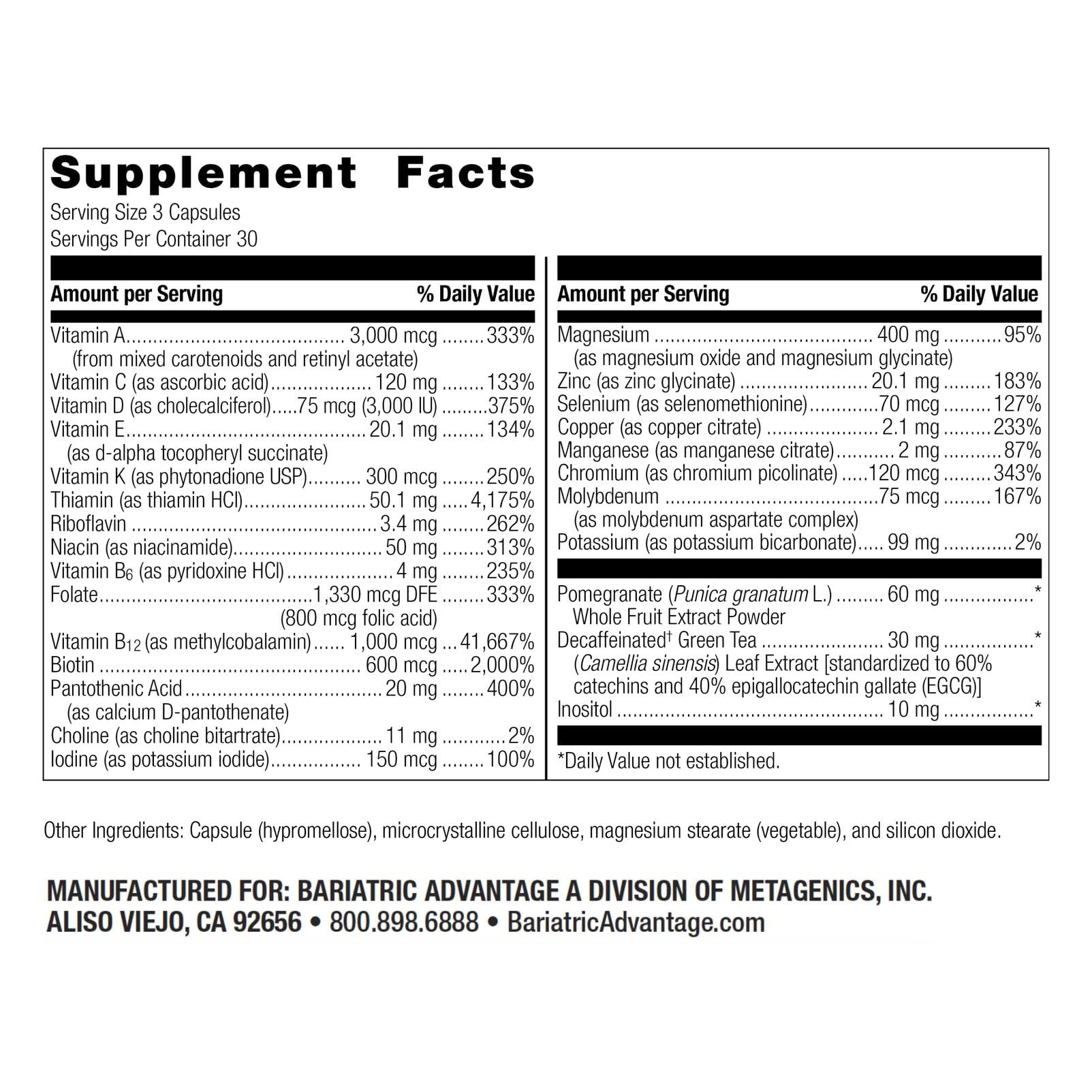 Bariatric Advantage Ultra Multi Without Iron ingredients panel features D3 water-misible formula