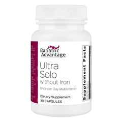 Bariatric Advantage Ultra Solo Without Iron bottle front highlights gluten-free daily nutrient support