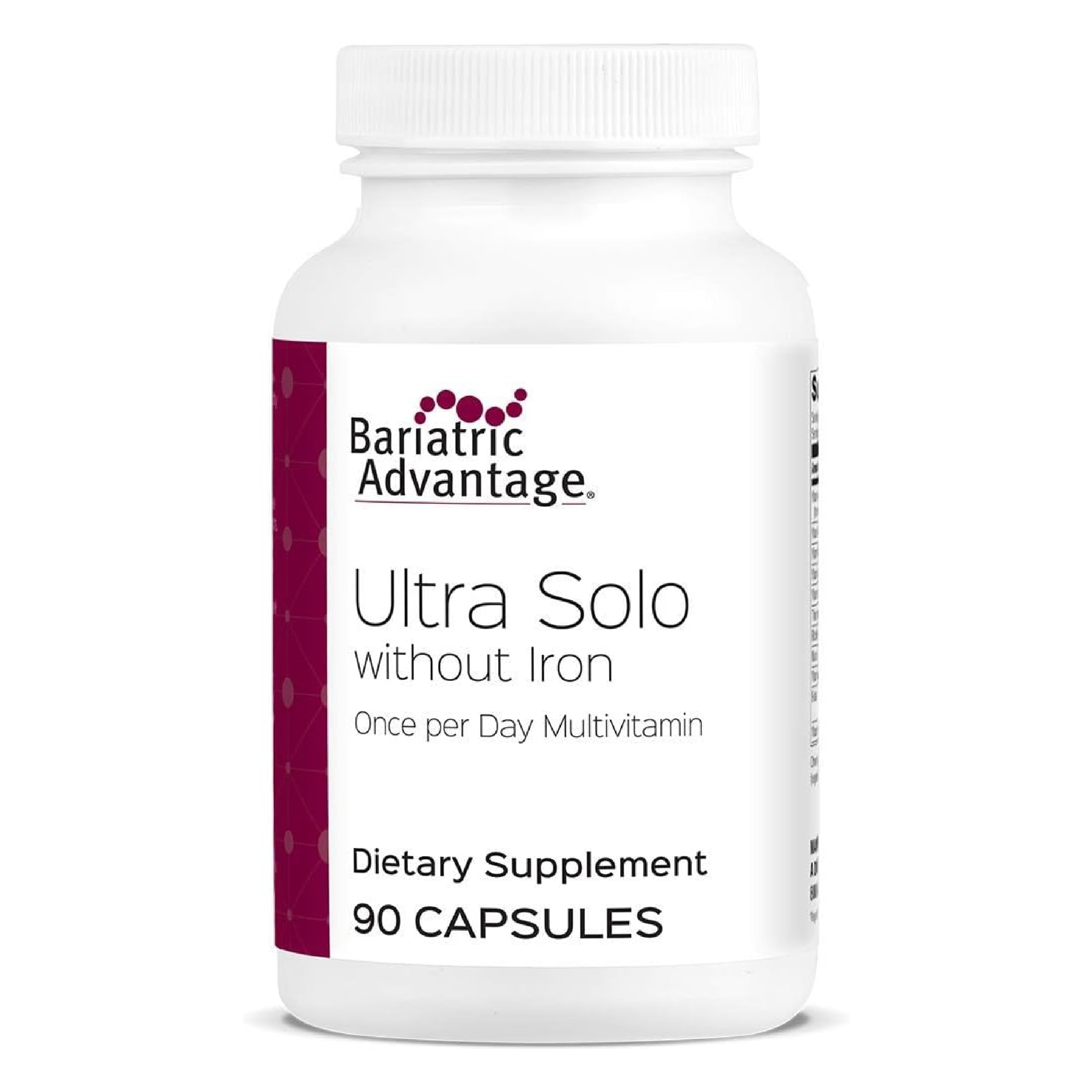 Bariatric Advantage Ultra Solo Without Iron bottle shows daily multivitamin for post-surgery support.