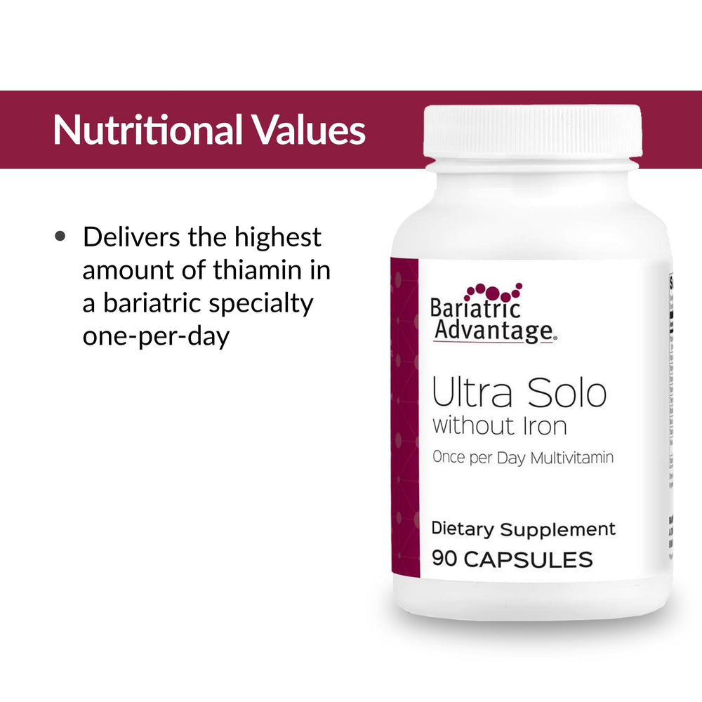 Bariatric Advantage Ultra Solo Without Iron includes vitamin A and B12 for nutrient balance.