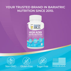 Packaging shot of Bariatric Best High ADEK Multivitamin showcases USA-made quality.