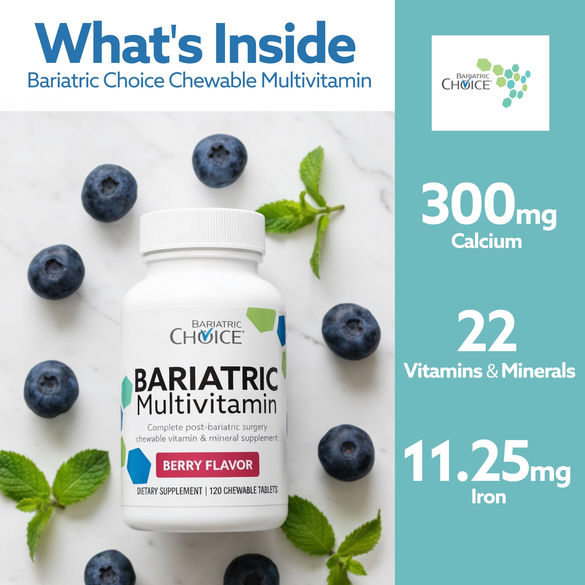 Label close-up showing vitamin details on Bariatric Choice multivitamin.