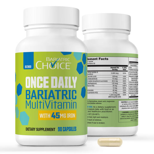 Bariatric Choice bottle front with once-daily multivitamin showing 22 nutrients for daily support