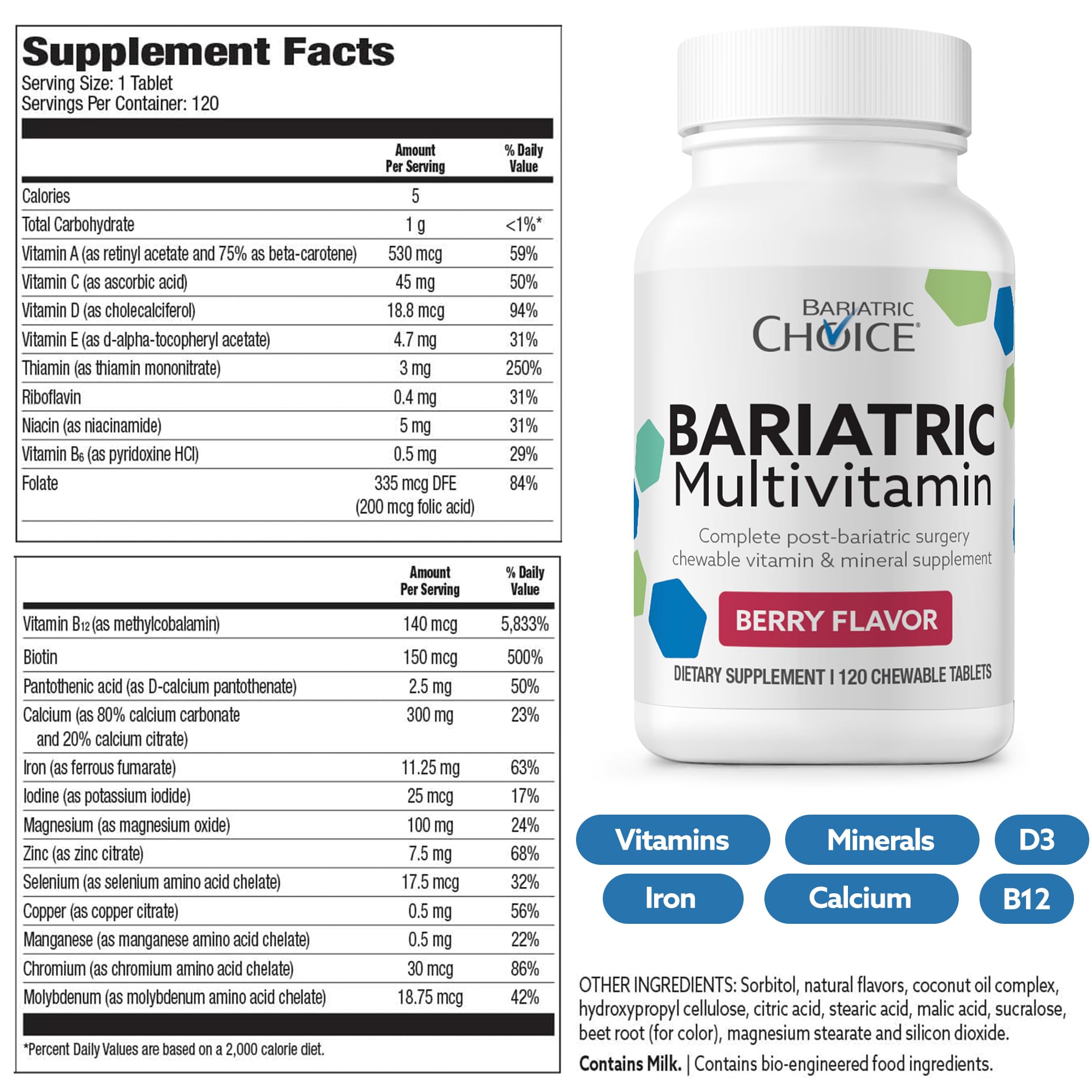 USA-made Bariatric Choice multivitamin label emphasizes quality and nutrition.