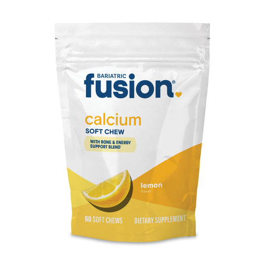 Bariatric Fusion calcium chews lemon bottle shows 60-count supply for bone health.