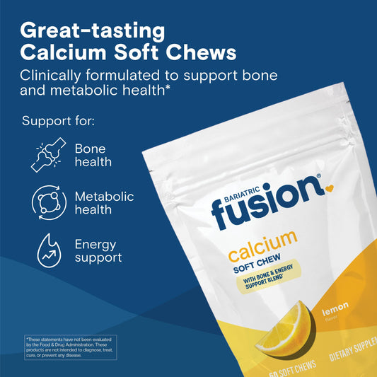 Bariatric Fusion lemon calcium chews close-up reveals soft texture and sugar-free formula.