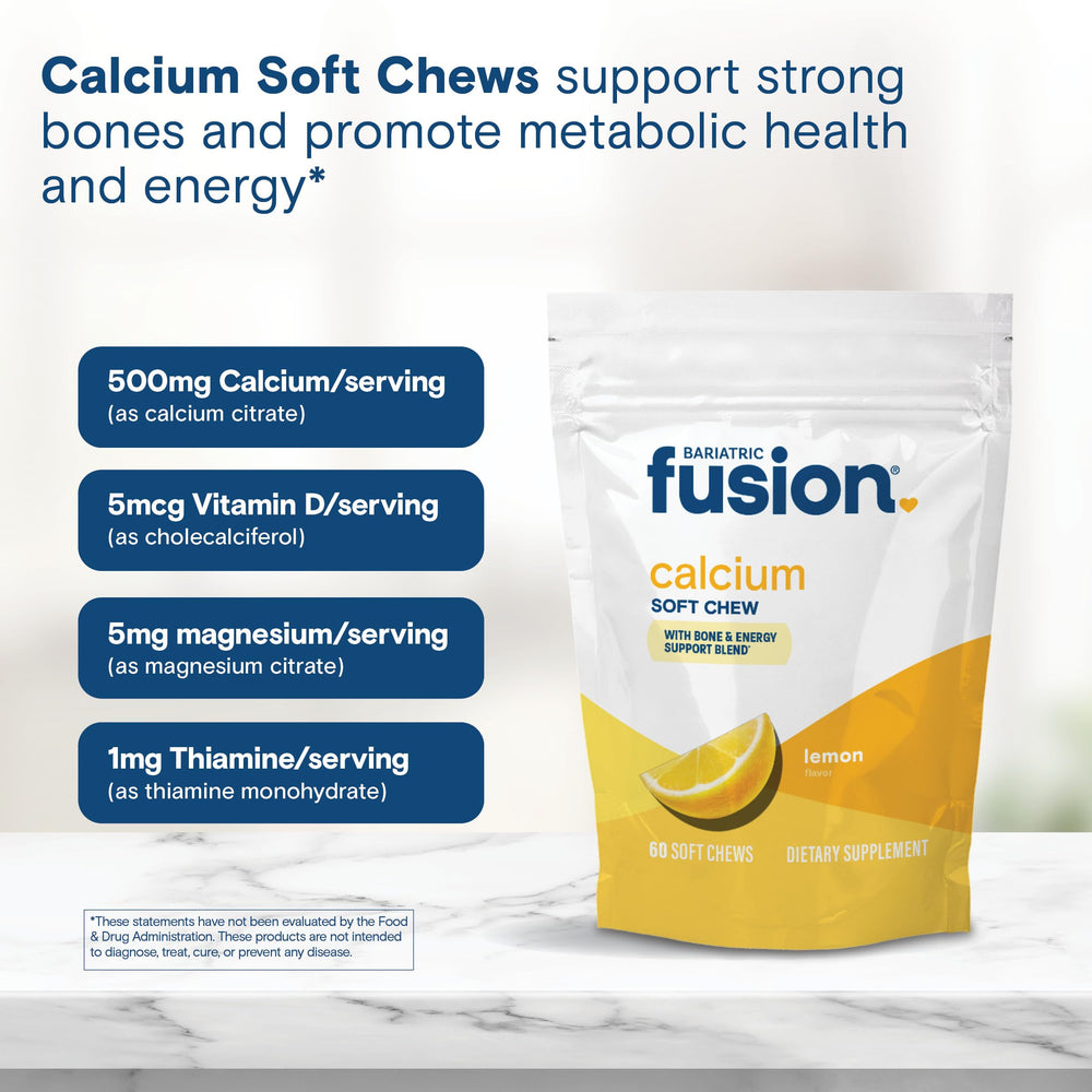 Bariatric Fusion bone-support chews with glass of water for easy intake.