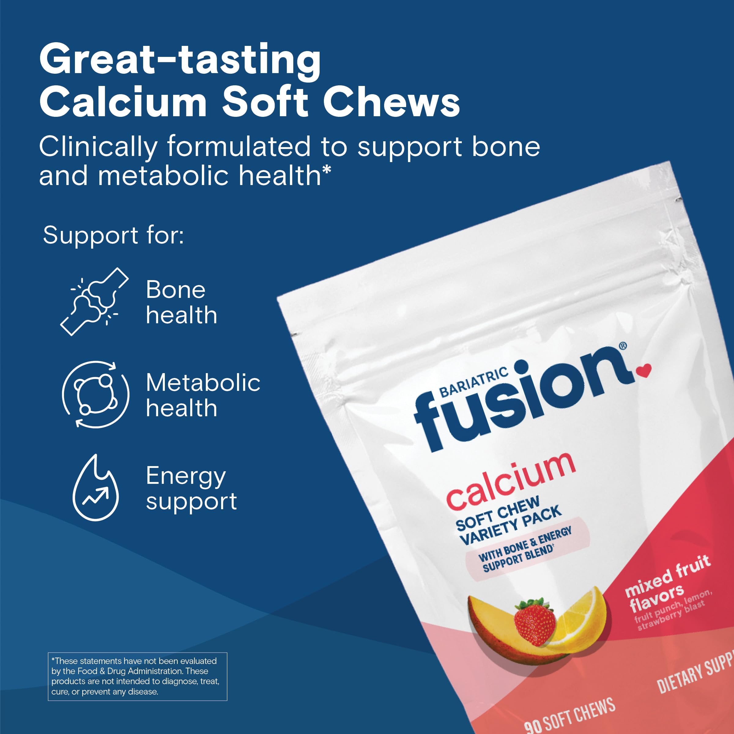Bariatric Fusion calcium chews packaging highlighting sugar-free and kosher certification