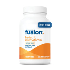 Bariatric Fusion bariatric multivitamin bottle front highlighting iron-free daily support for post-surgery nutrition.