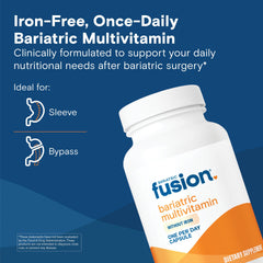 Bariatric Fusion multivitamin capsules closeup emphasizes easy-to-swallow, one-per-day convenience.