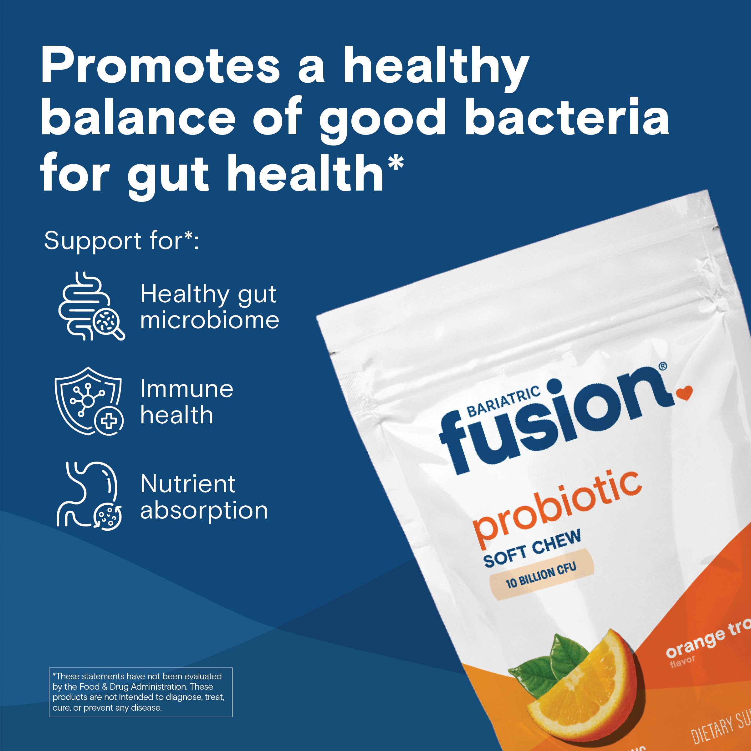 Bariatric Fusion orange tropical bottle front shows chews for daily gut health.