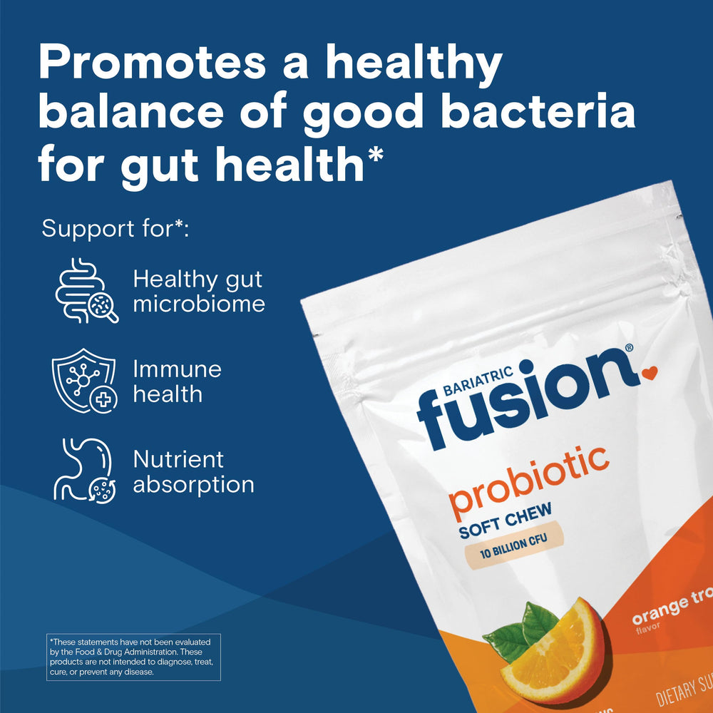Bariatric Fusion orange tropical bottle front shows chews for daily gut health.