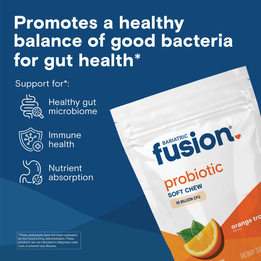 Bariatric Fusion orange tropical bottle front shows chews for daily gut health.