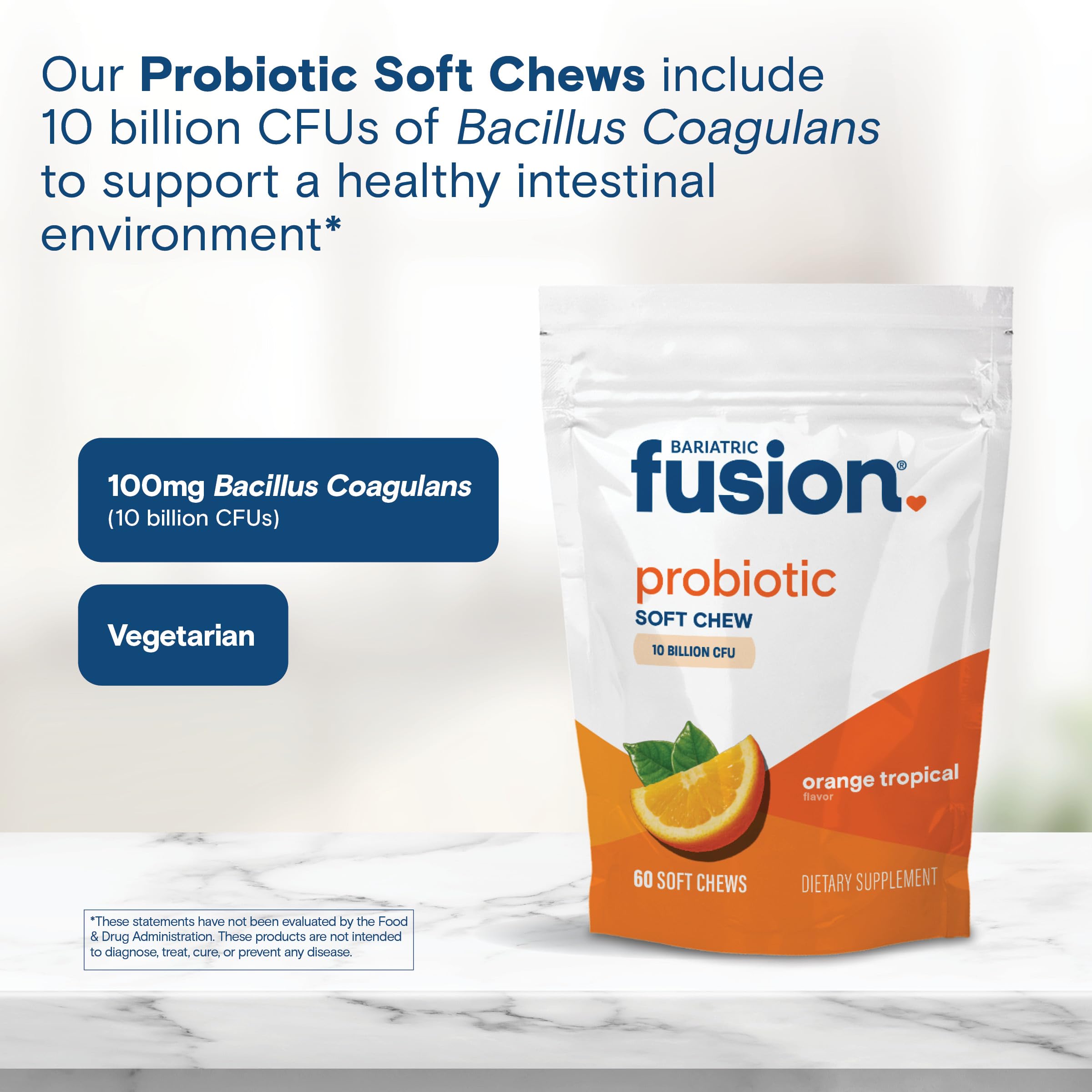 Bariatric Fusion probiotic soft chews label highlights sugar-free and kosher features.