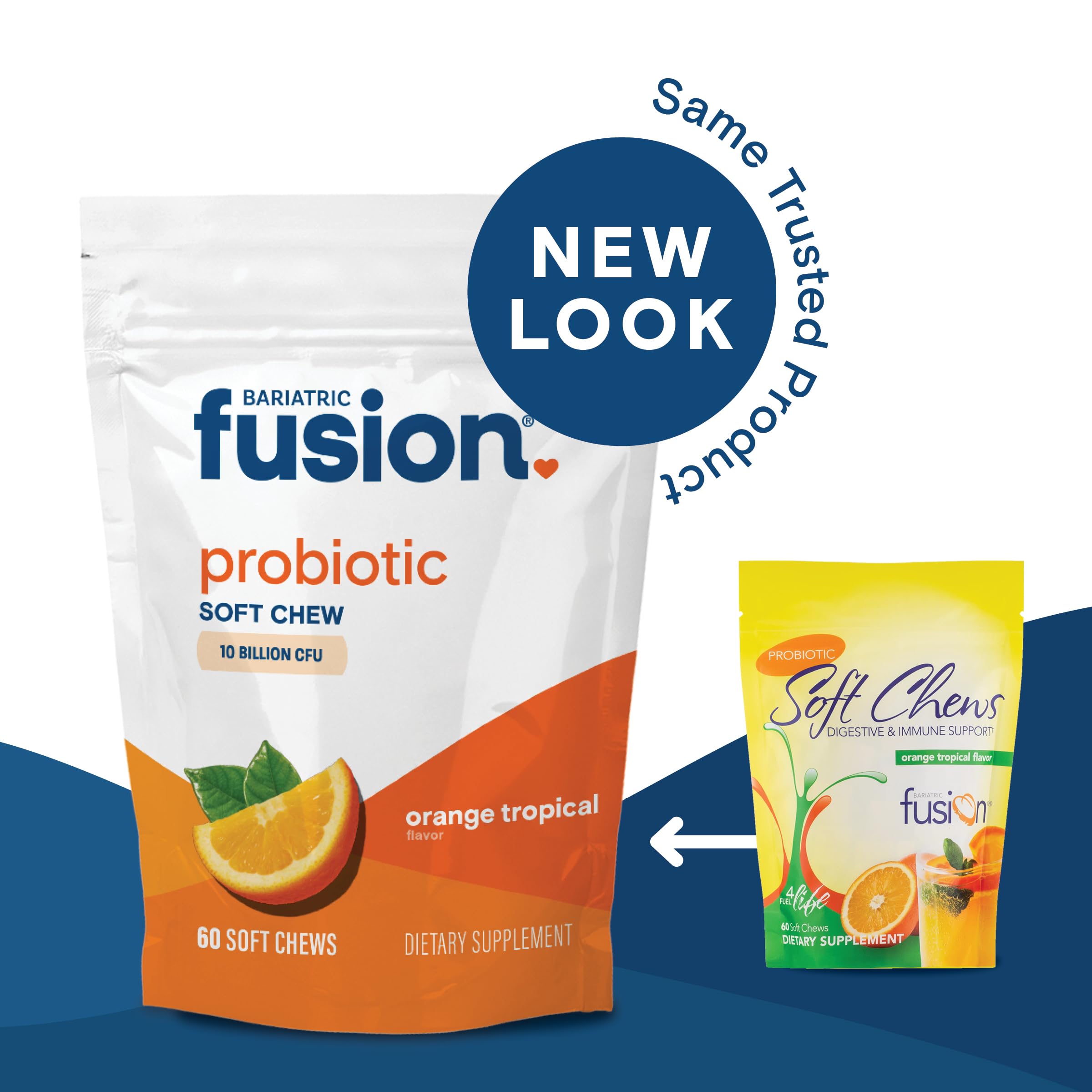 Bariatric Fusion probiotic chews orange tropical on serving tray ready for daily use.
