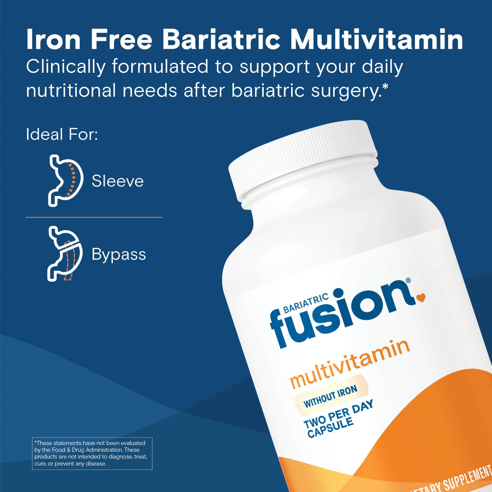 Bariatric Fusion bottle of vitamins shows a simple two-capsule daily regimen