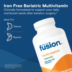Bariatric Fusion bottle of vitamins shows a simple two-capsule daily regimen