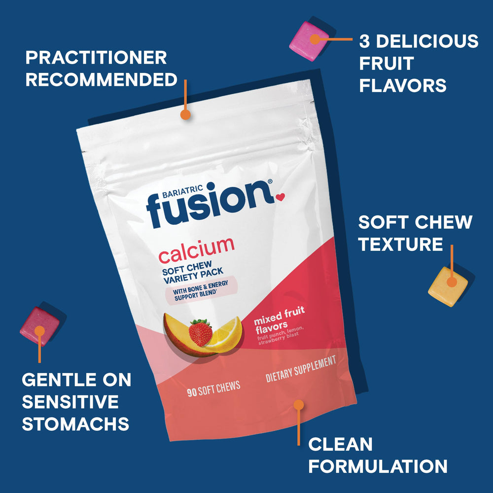 Closeup of Bariatric Fusion calcium chews with chewy fruity texture