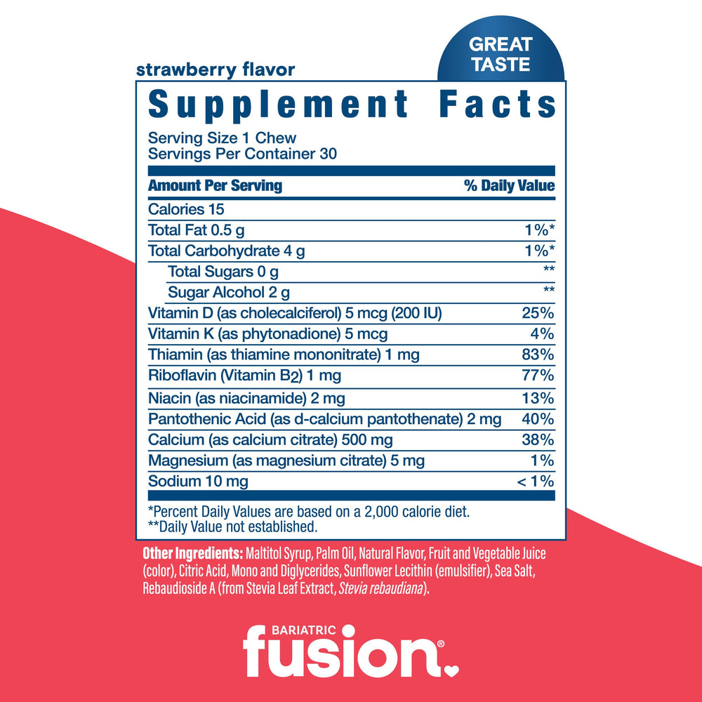 Soft candy-like Bariatric Fusion calcium chews texture shown for daily use