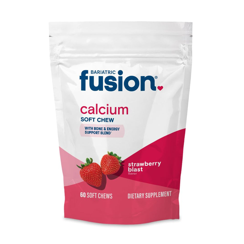 Bariatric Fusion Calcium Citrate Chews in strawberry flavor shown in a 60-count bottle for daily use