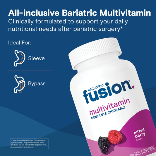 Close-up of Bariatric Fusion chewable tablets highlighting minerals for post-surgery nutrition.