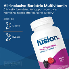 Close-up of Bariatric Fusion chewable tablets highlighting minerals for post-surgery nutrition.