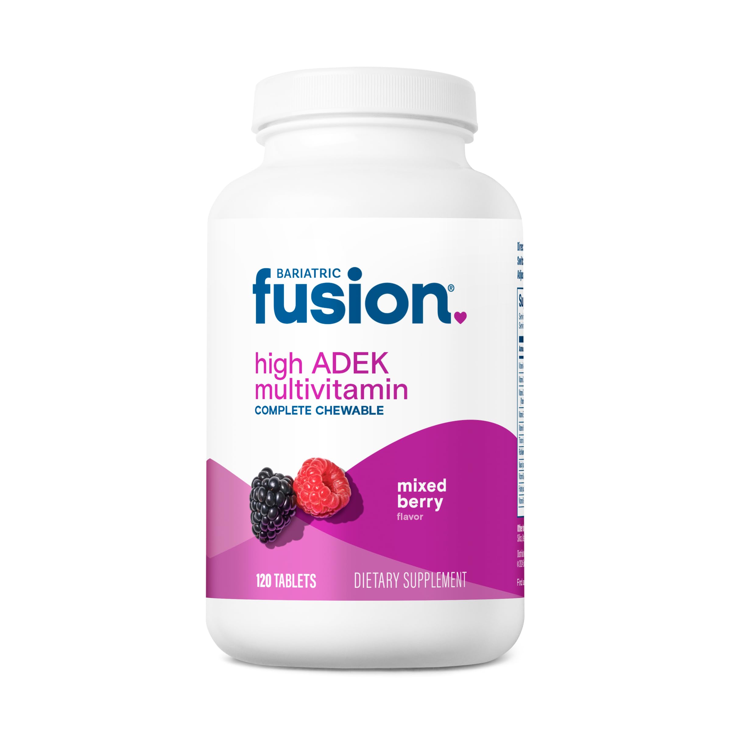 Bariatric Fusion bottle with mixed-berry chewables supports daily post-surgery micronutrients.