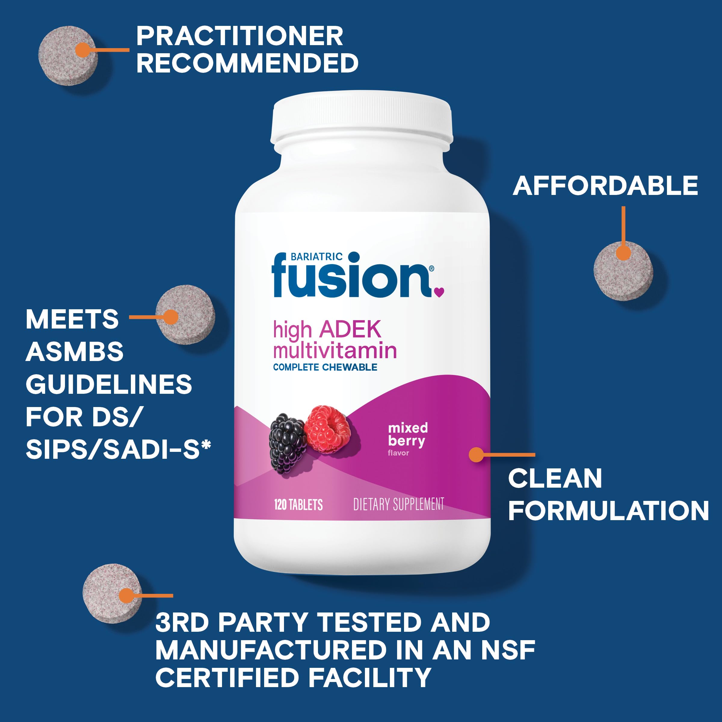 Bariatric Fusion mixed-berry tablets close-up showing high ADEK content.