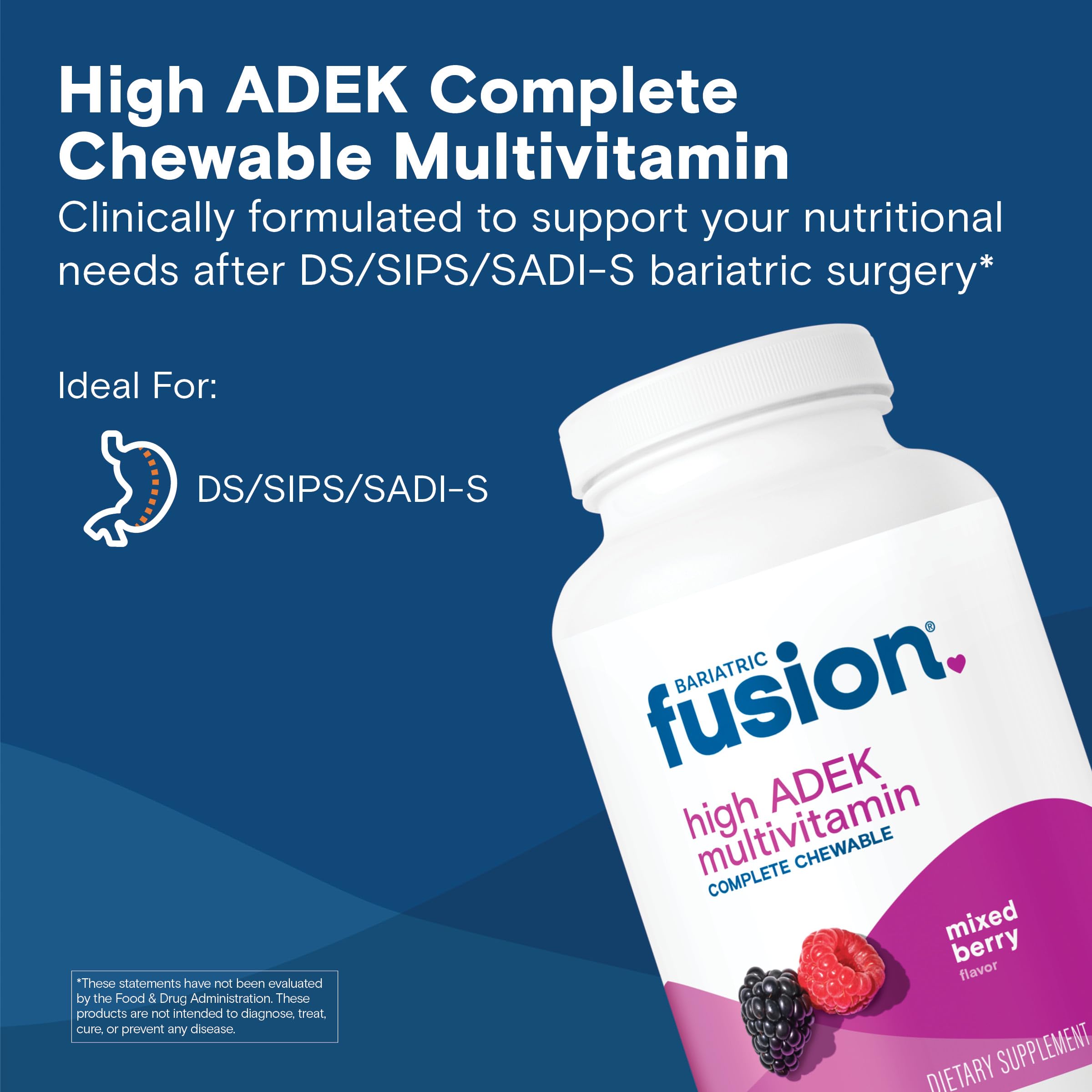 Bariatric Fusion chewable tablets close-up highlights mixed berry flavor and soft texture.