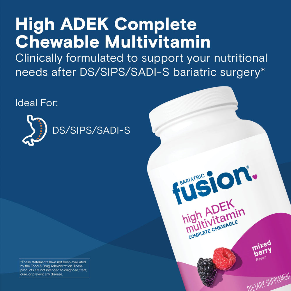 Bariatric Fusion chewable tablets close-up highlights mixed berry flavor and soft texture.