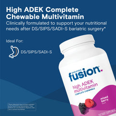 Bariatric Fusion chewable tablets close-up highlights mixed berry flavor and soft texture.